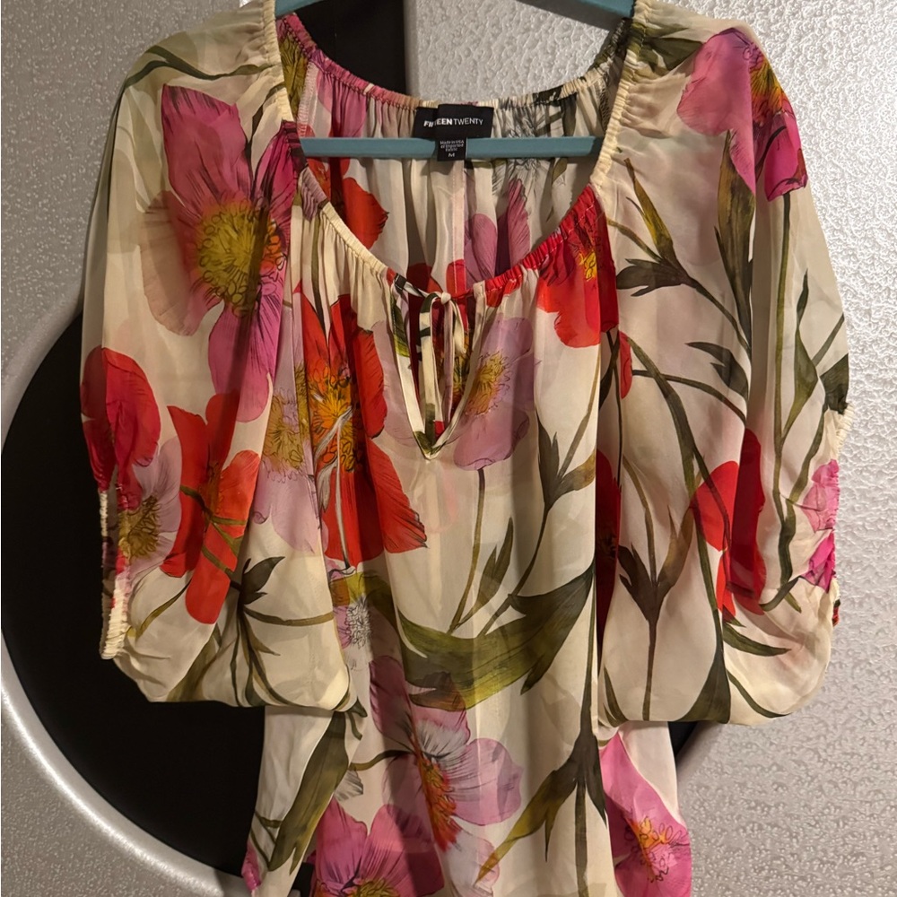 Fifteen Twenty Cream and Red Puff Sleeve Blouse